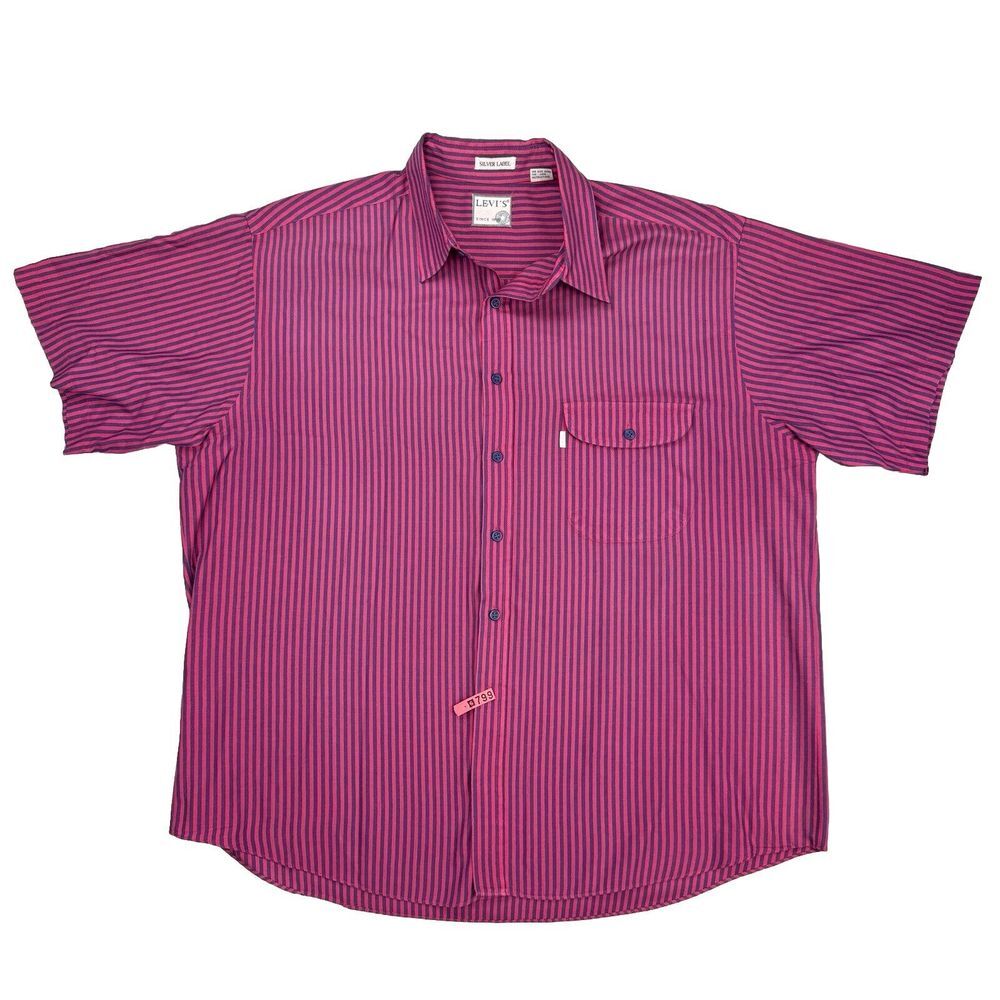 Vintage 80s Levis Silver Label Pink Button Shirt Mens XL Striped‎ Short Sleeve